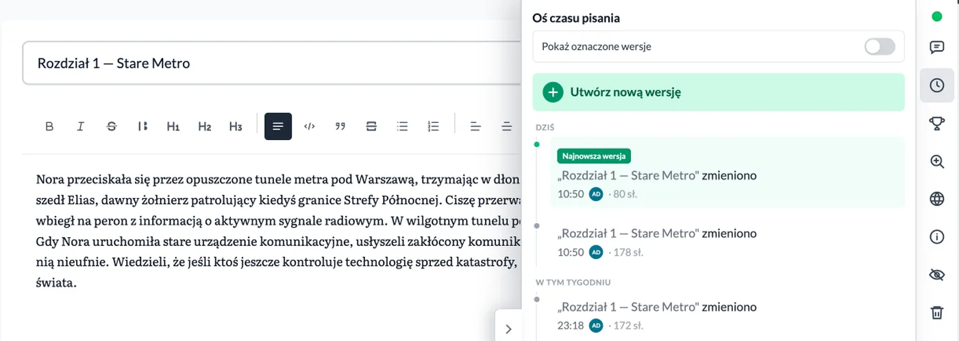 Oś czasu pisania — historia wersji rozdziału