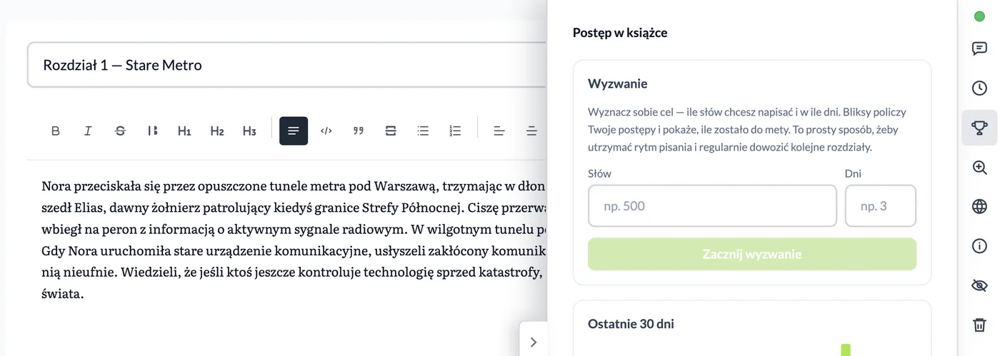 Postęp w książce — wyzwanie pisarskie i wykres aktywności